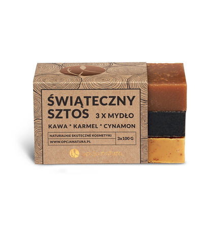 Opcja Natura Mydła „Świąteczny sztos” – zestaw 3 mydeł: karmel, cynamon, kawa (3×100 g)