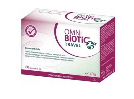 OMNi-BiOTiC® TRAVEL – probiotyk na podróż | 10 szczepów, 5×10^9 CFU/porcja | aktywacja w 1 min | 28 saszetek
