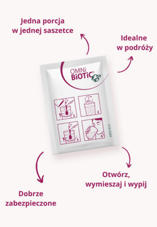 OMNi-BiOTiC® TRAVEL – probiotyk na podróż | 10 szczepów, 5×10^9 CFU/porcja | aktywacja w 1 min | 28 saszetek