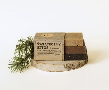 Opcja Natura Mydła „Świąteczny sztos” – zestaw 3 mydeł: karmel, cynamon, kawa (3×100 g)